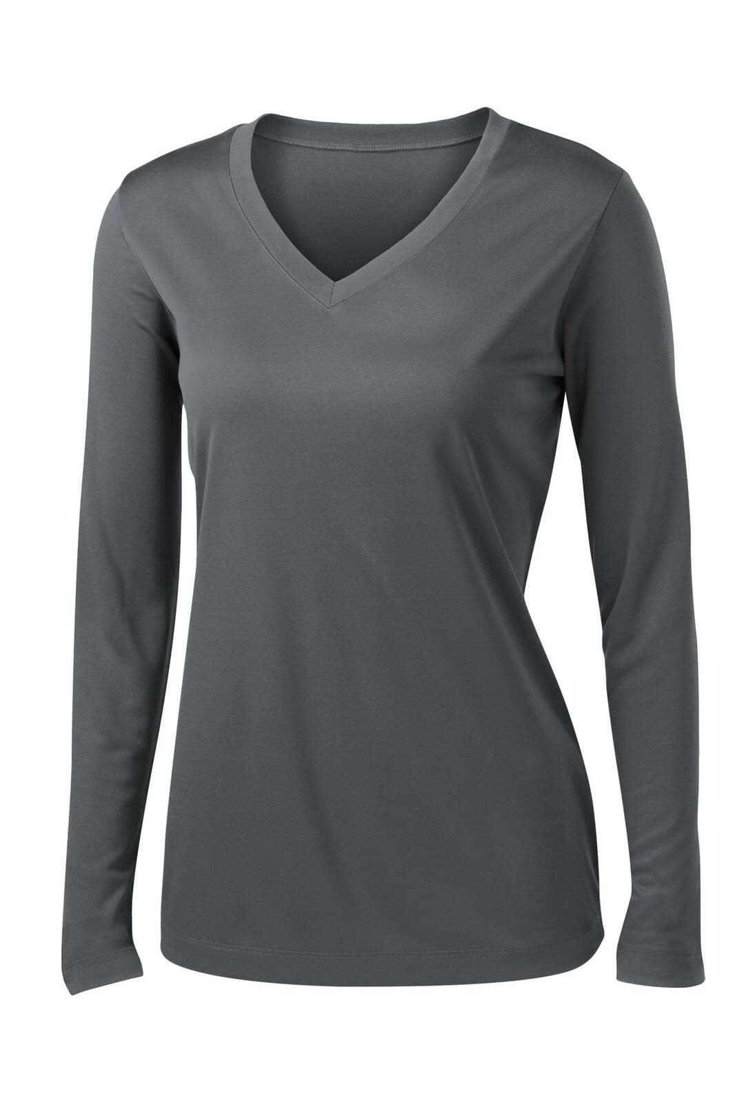 A long sleeve, v-neck tee in a dark grey colour with a fitted design and a logo on it.