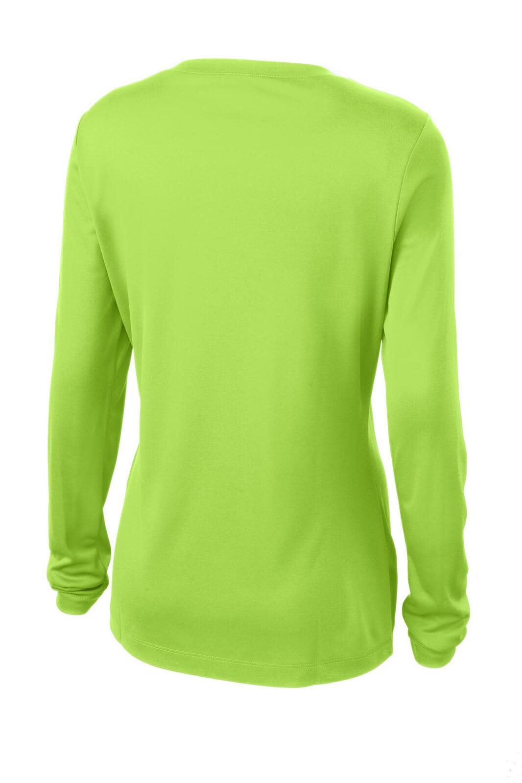 A long sleeve v-neck tee in bright lime green, featuring a simple design and a logo on the back.