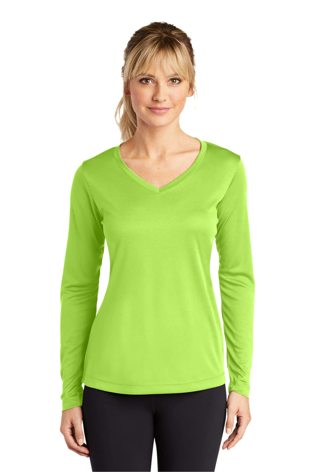 A long sleeve, v-neck women's tee in bright lime green with a logo. Suitable for activewear or casual use.