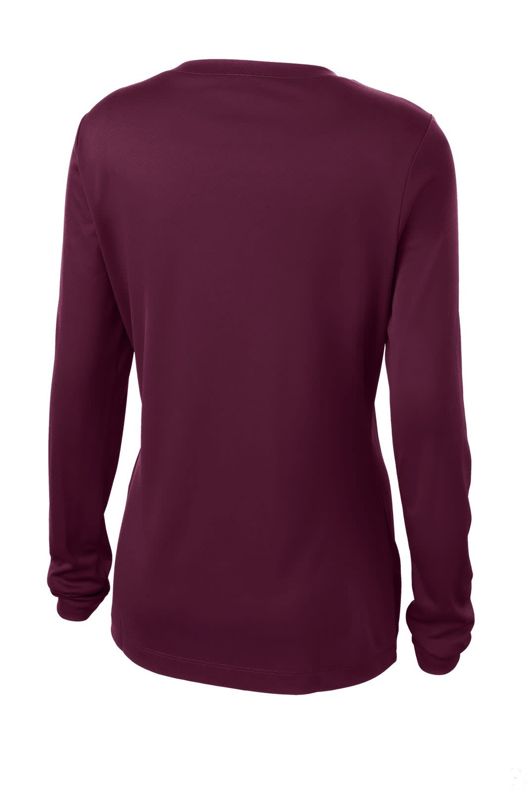 A maroon long sleeve V-neck tee with a simple design and a logo on the back.