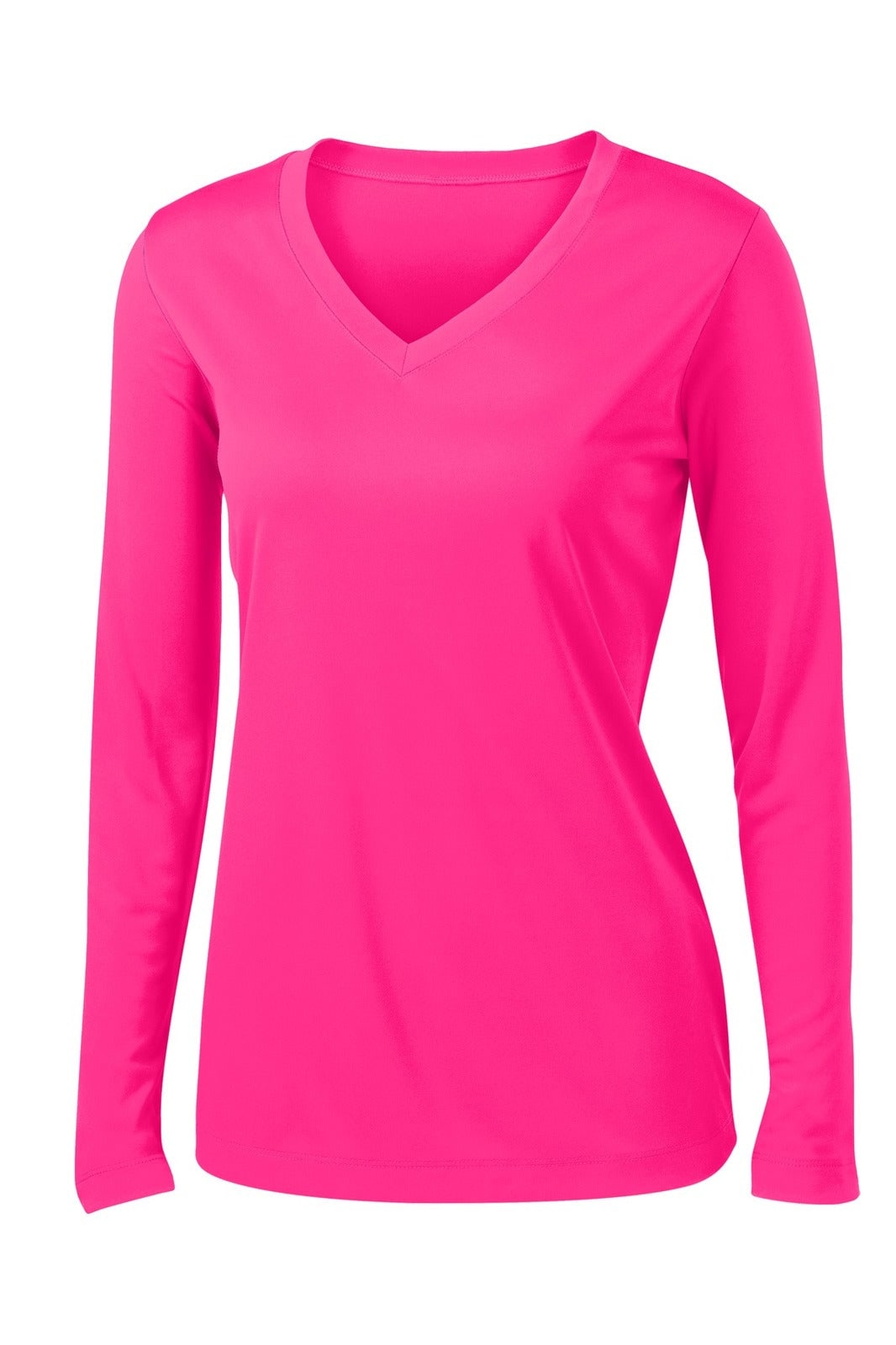 A bright pink long sleeve V-neck tee with a fitted design, featuring a logo on the front.