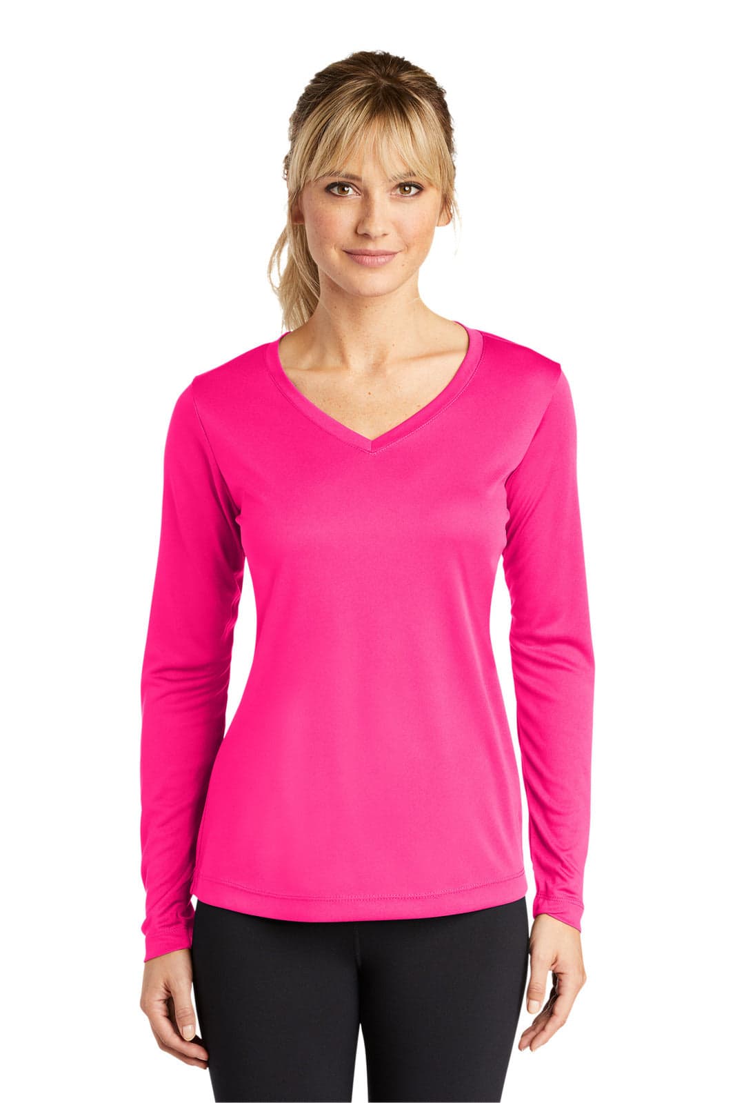 A pink long sleeve V-neck tee featuring a fitted design and a logo on the chest.