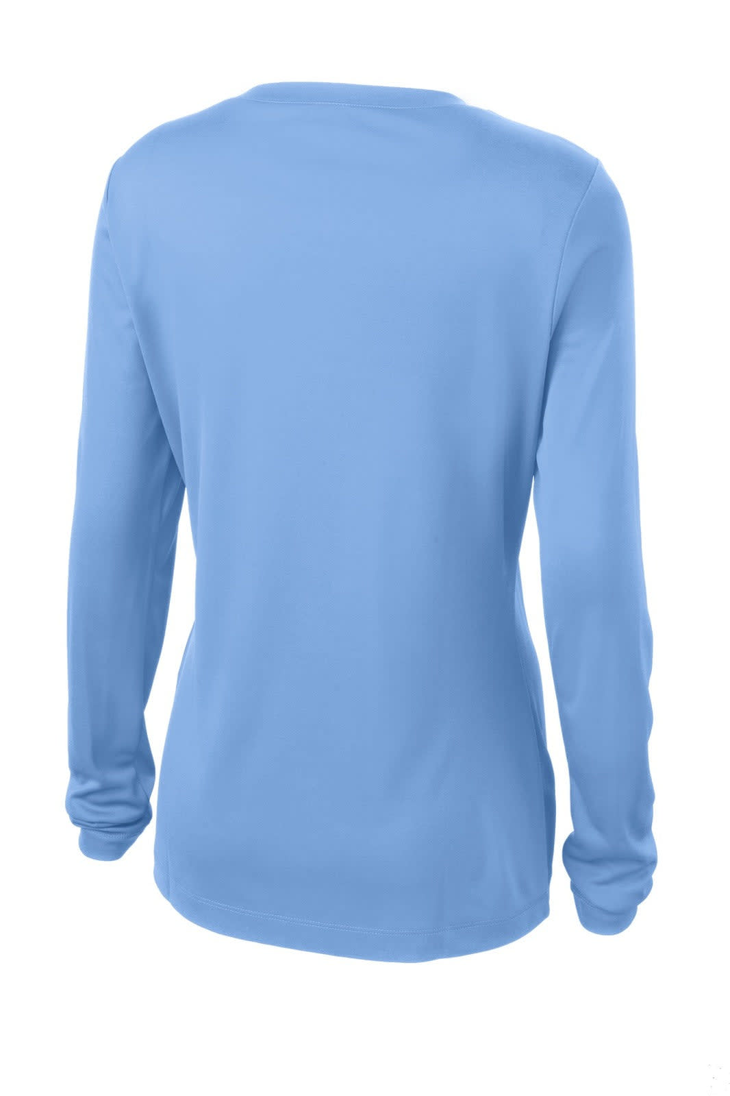 A light blue long sleeve v-neck tee with a simple design and a logo on the back.