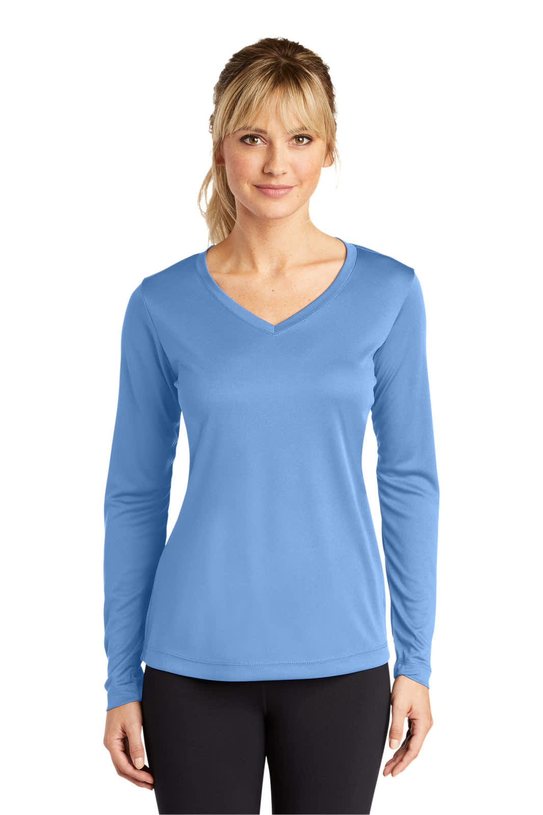 A blue long sleeve v-neck tee for ladies, featuring a fitted design and a logo. Ideal for casual wear.