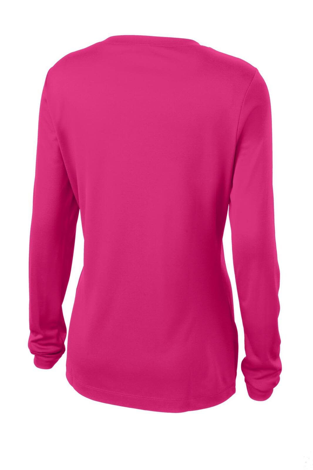 A pink long sleeve women's t-shirt featuring a v-neck design and a logo on the back.