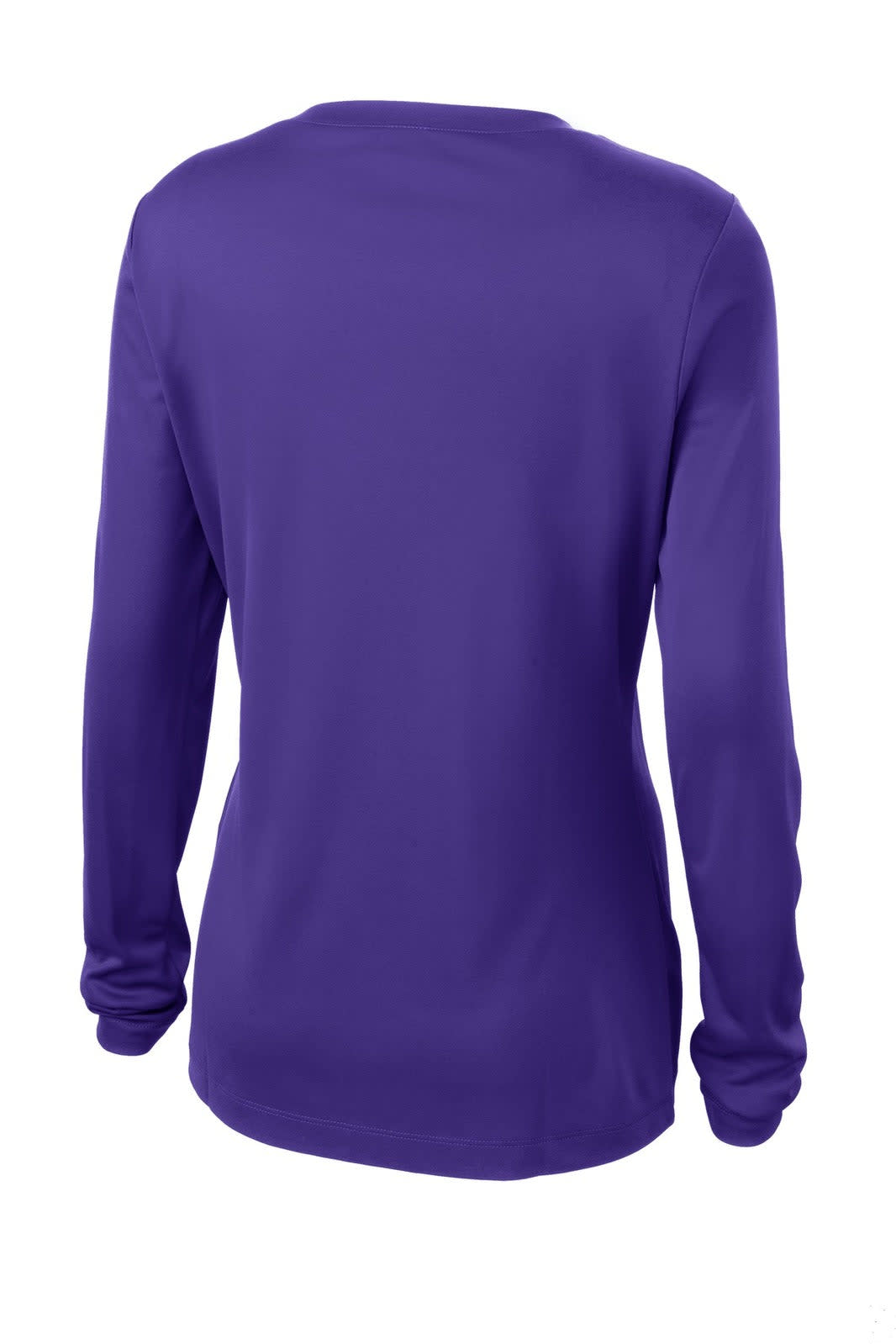 A purple long sleeve tee featuring a V-neck design and a logo on the back, made from lightweight fabric.