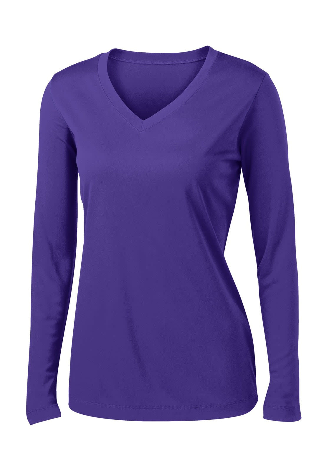 A purple long sleeve V-neck tee featuring a fitted design and a logo on the front.