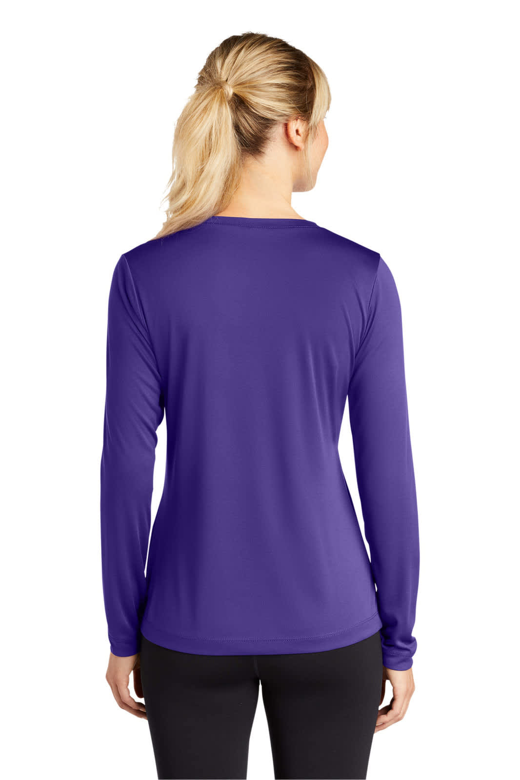 A purple long sleeve ladies' V-neck tee, featuring a smooth texture and fitted design, with a logo on the back.
