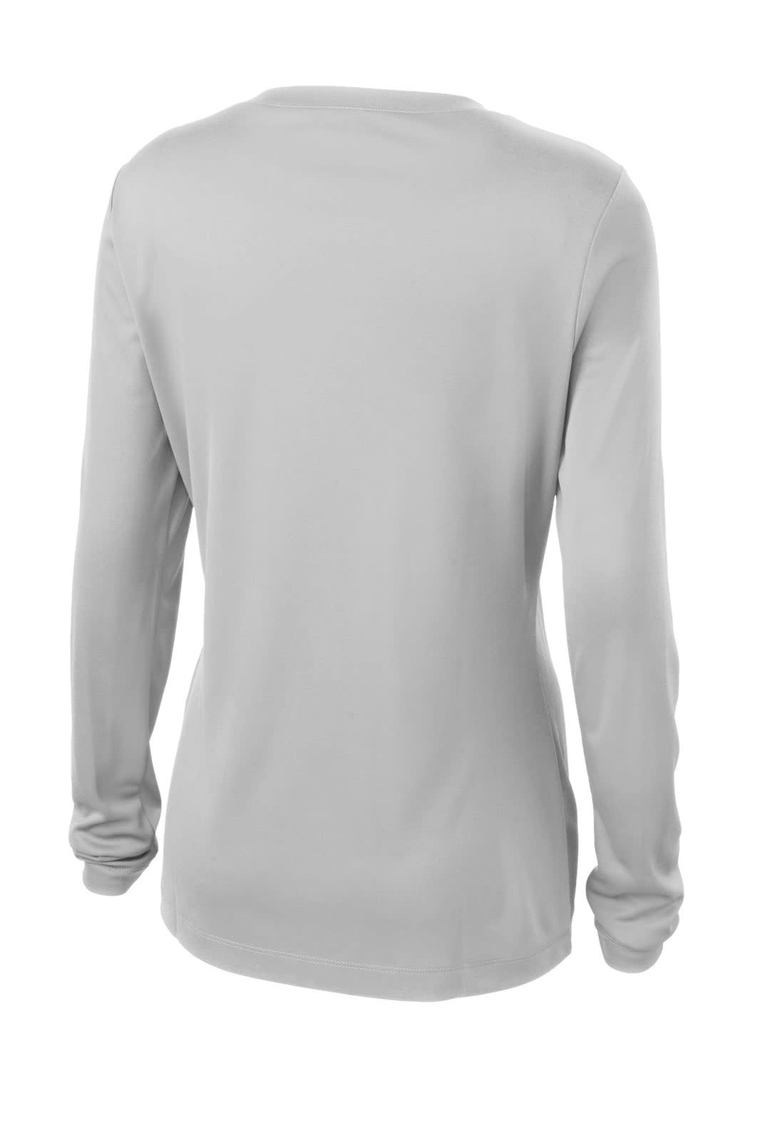 A grey long sleeve PosiCharge V-neck tee for ladies, featuring a simple design and rear view.