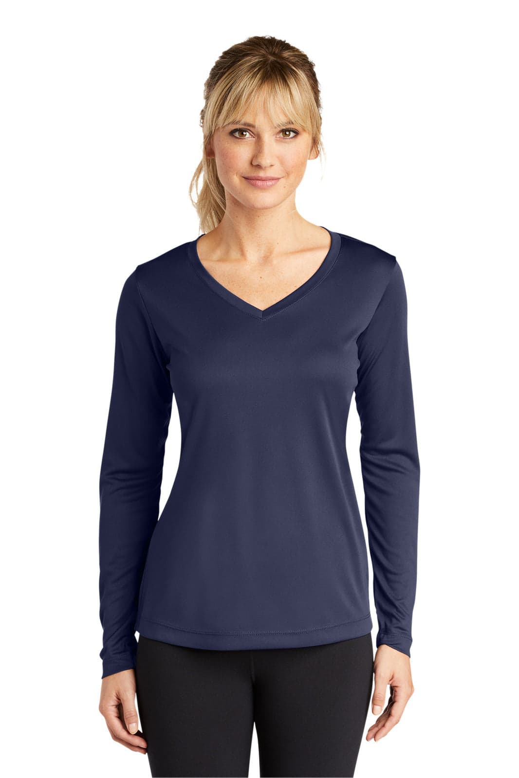 A navy long sleeve v-neck tee designed for ladies, featuring a fitted style with a logo.