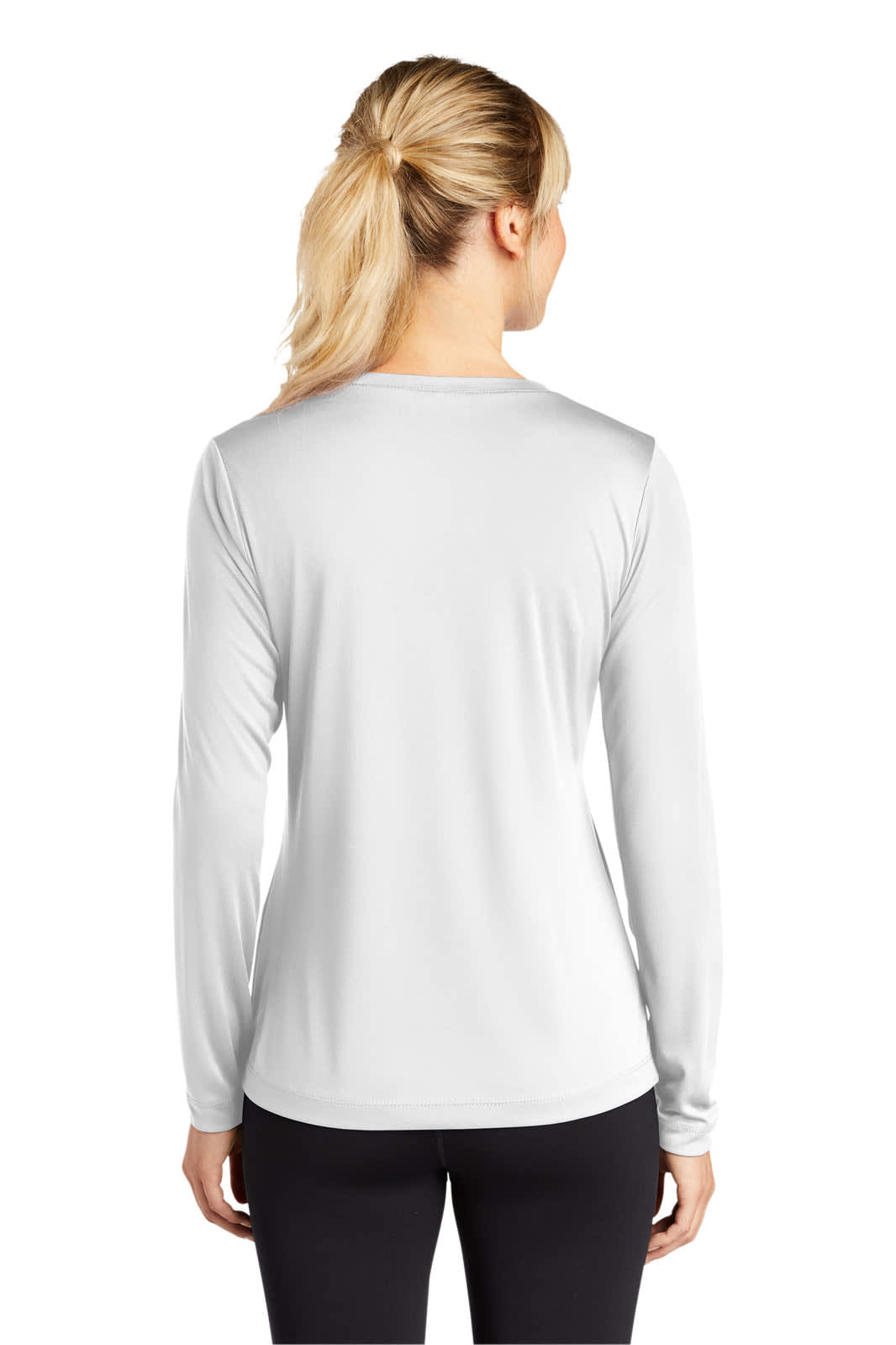 A long-sleeve white v-neck tee designed for ladies, featuring a logo on the back.