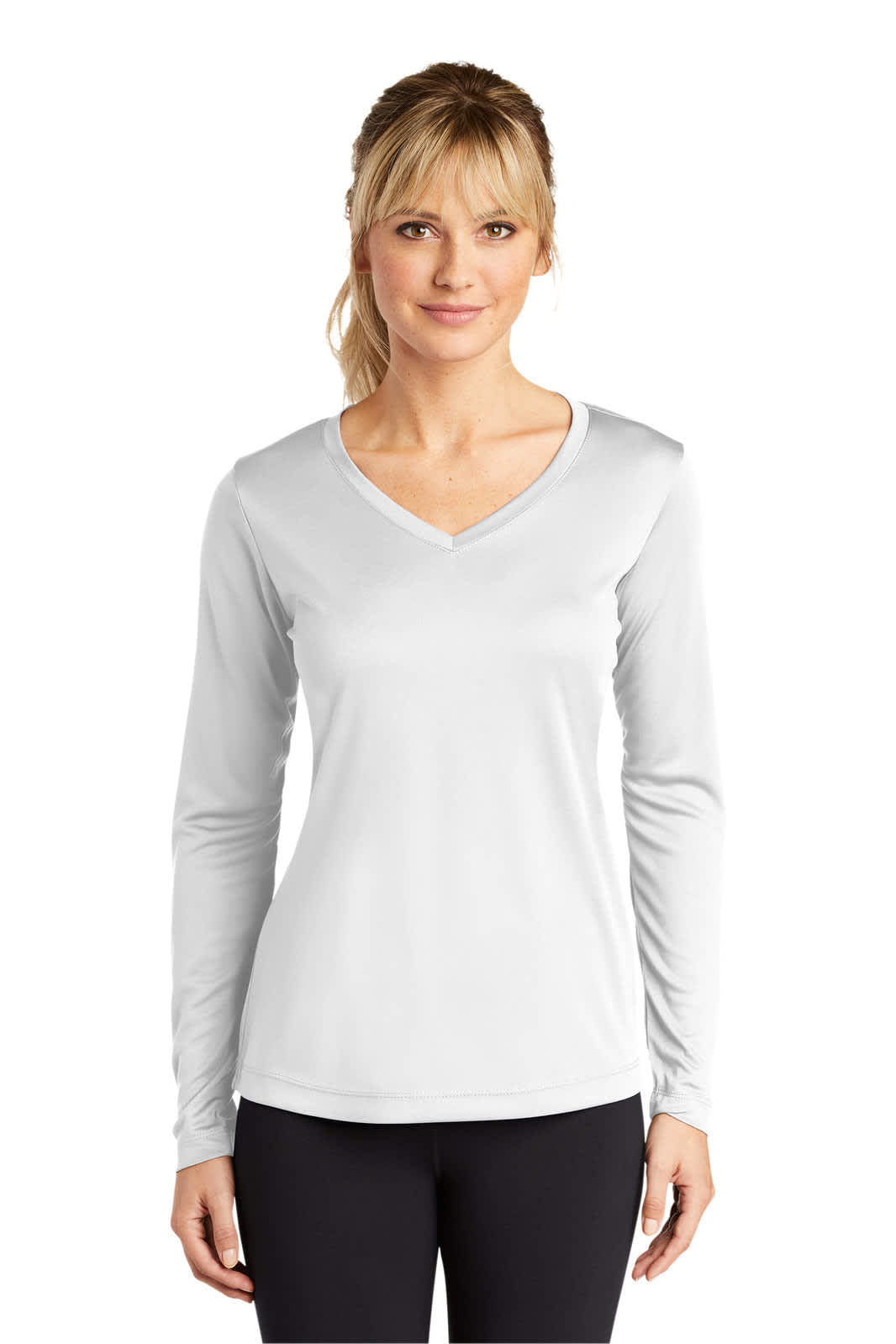 A light grey long sleeve v-neck tee for ladies, featuring a fitted design and a logo on the front.