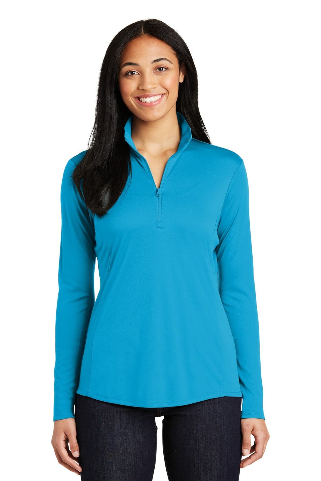 A women's long-sleeve pullover in bright blue, featuring a quarter zip and a logo on the chest.