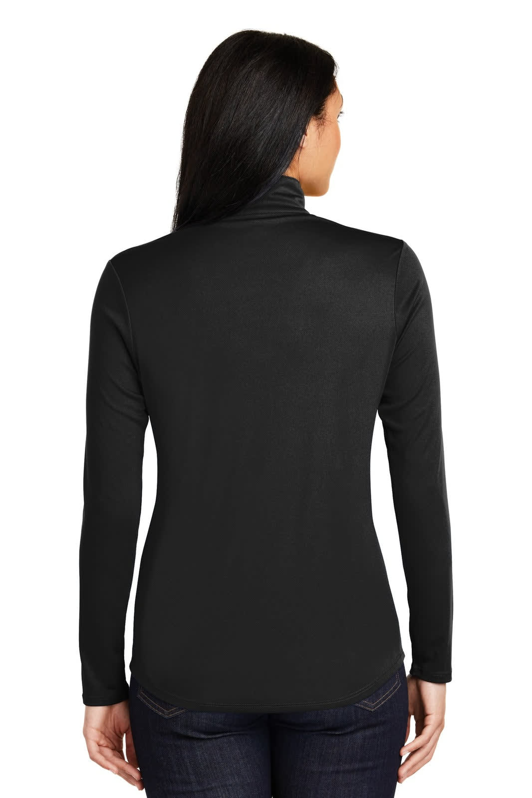 A black Sport-Tek Ladies PosiCharge Competitor 1/4-Zip Pullover with long sleeves and a high collar. Features a logo.