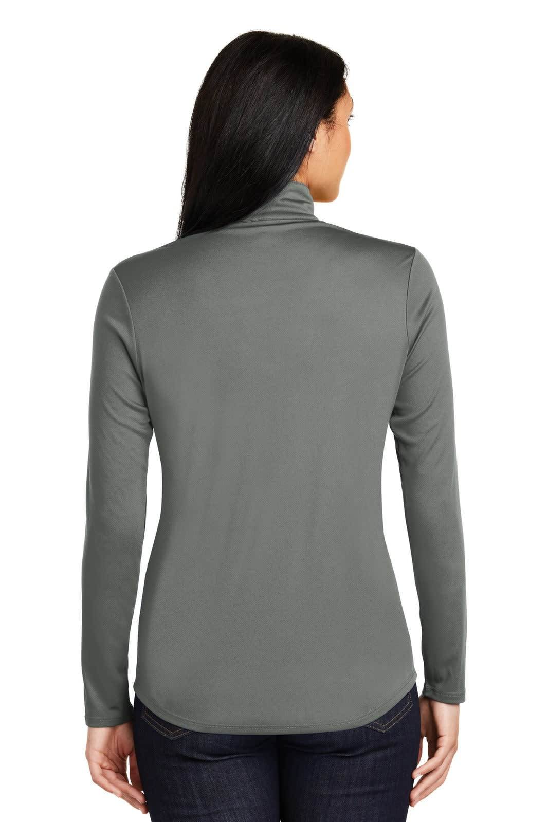 A grey Sport-Tek Ladies PosiCharge Competitor 1/4-Zip Pullover with a fitted design and long sleeves.