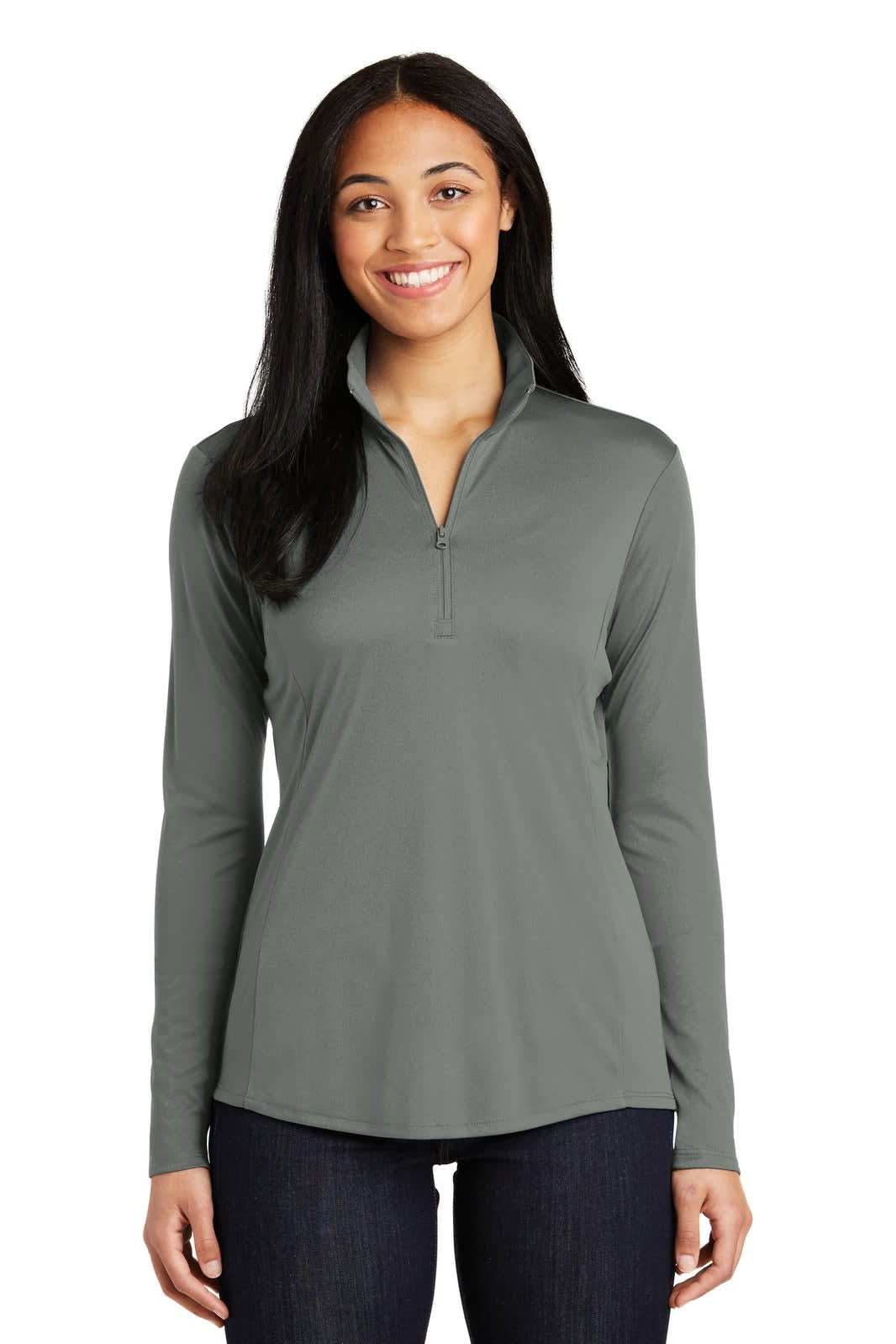 A woman models a grey Sport-Tek Ladies PosiCharge Competitor 1/4-Zip Pullover with a zipper and long sleeves.