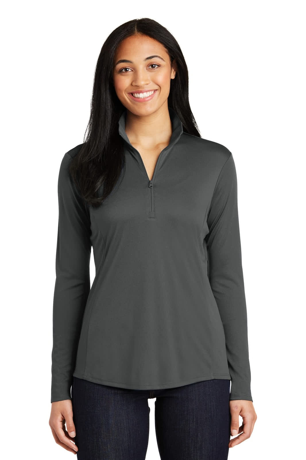 A dark grey long-sleeve 1/4-zip pullover with a logo, designed for women.