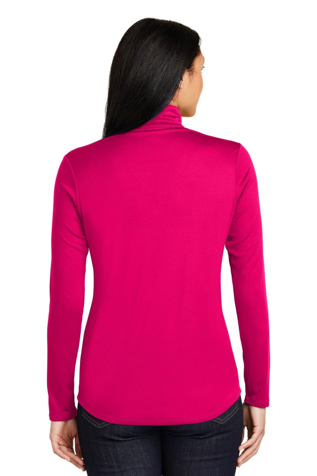 A pink women's pullover with a 1/4-zip design and a logo on the back.