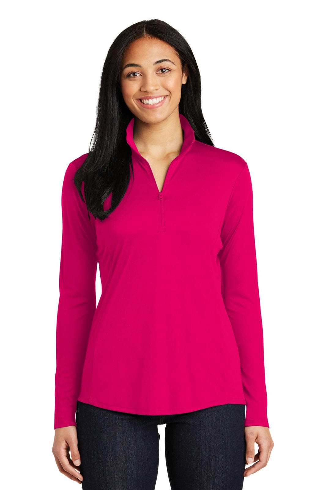 A vibrant fuchsia quarter-zip pullover for women featuring long sleeves and a subtle logo.