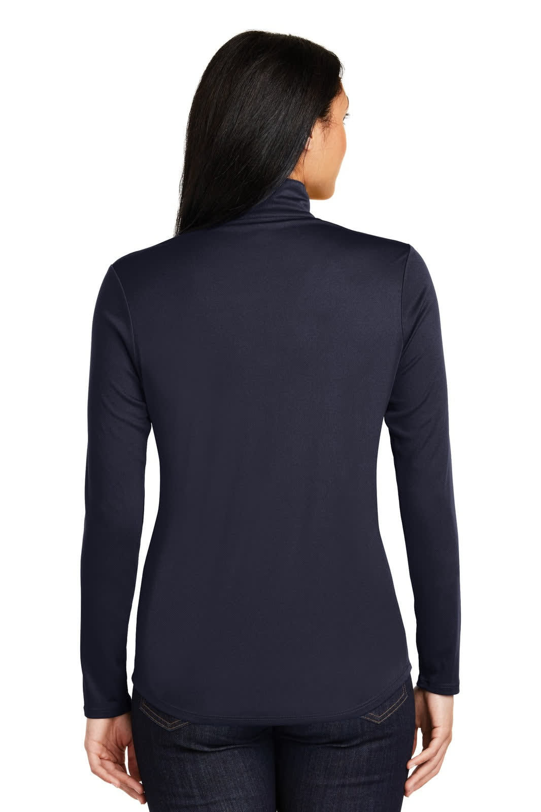 A navy blue Sport-Tek Ladies PosiCharge Competitor 1/4-Zip Pullover featuring a branded logo on the back.