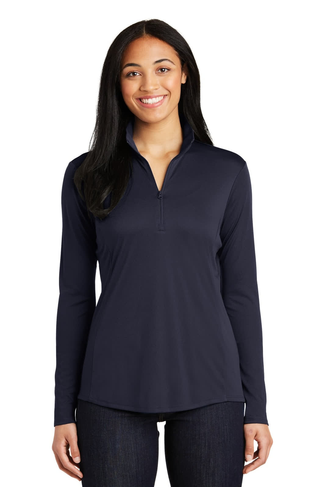 A navy blue ladies' pullover with a 1/4 zip and long sleeves, featuring a logo on the front.