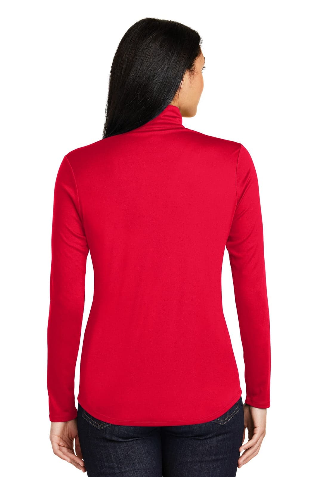 A red Sport-Tek Ladies PosiCharge Competitor 1/4-Zip Pullover featuring a back view. The pullover has a logo.