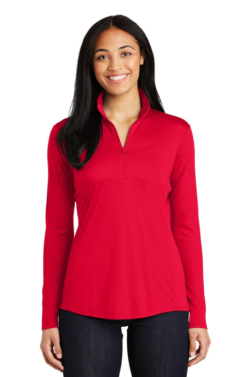 A red women's pullover with a 1/4 zip, featuring long sleeves and a logo on the chest.