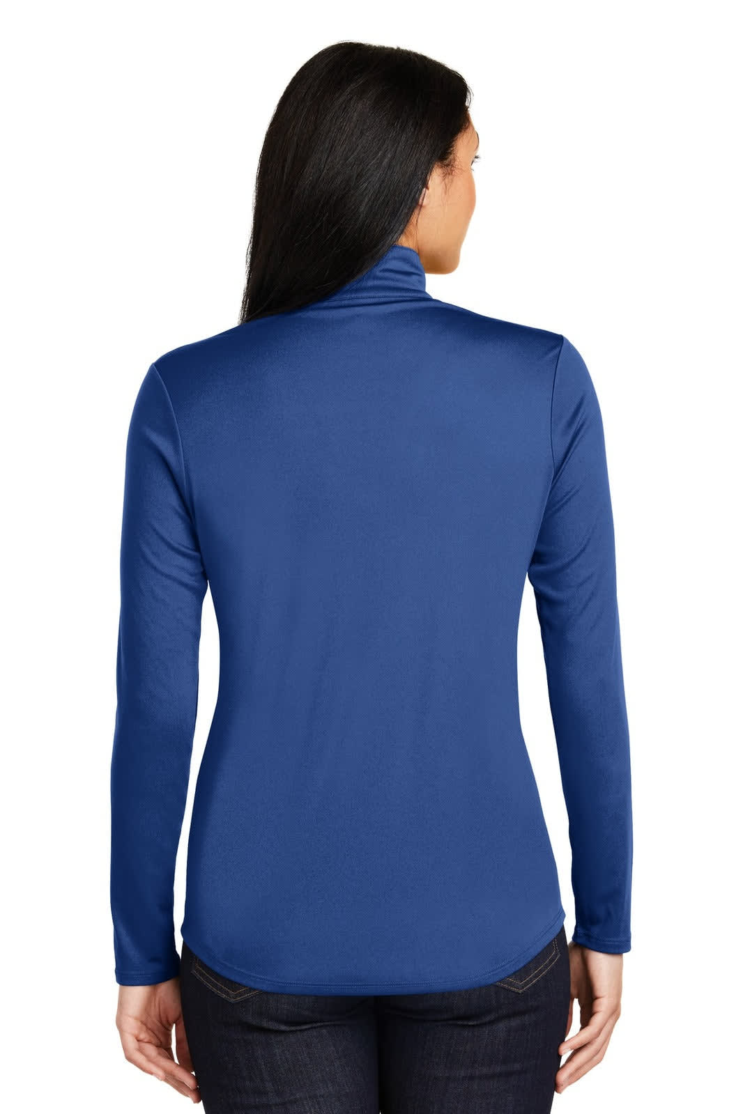 A blue long-sleeve pullover with a quarter-zip neckline and a back view. It features a logo on the side.