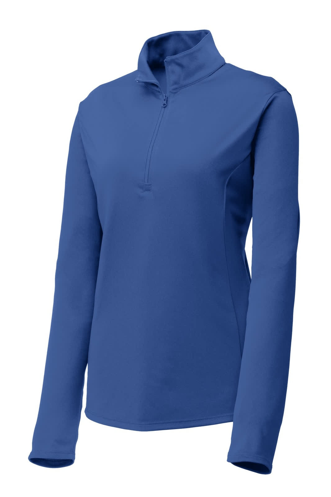 A blue Sport-Tek Ladies PosiCharge Competitor 1/4-Zip Pullover with a stand-up collar and long sleeves.