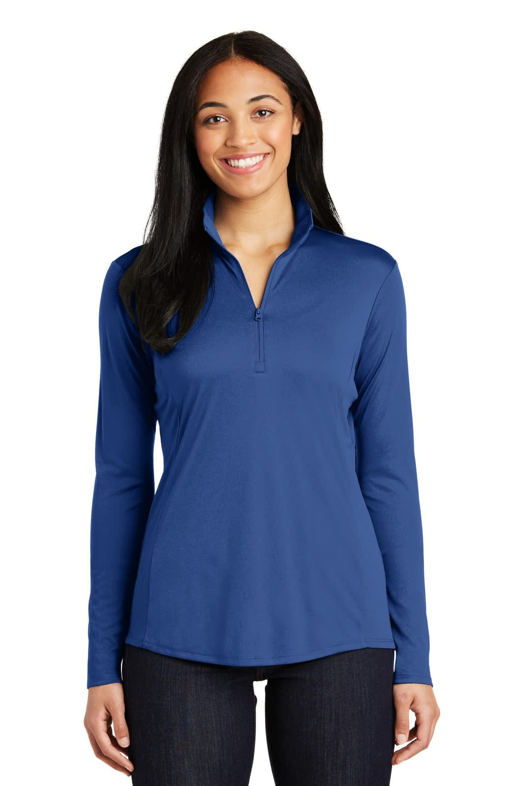 A blue long-sleeve women's pullover with a quarter zip and a logo on the chest.