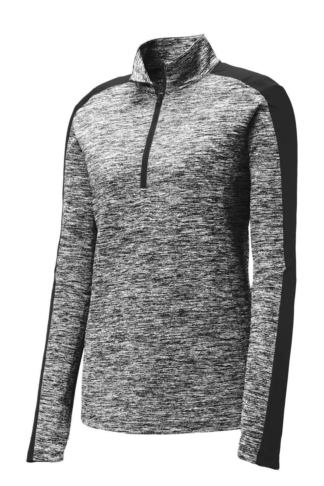 A grey and black quarter-zip pullover with contrasting sleeves and a branding logo.