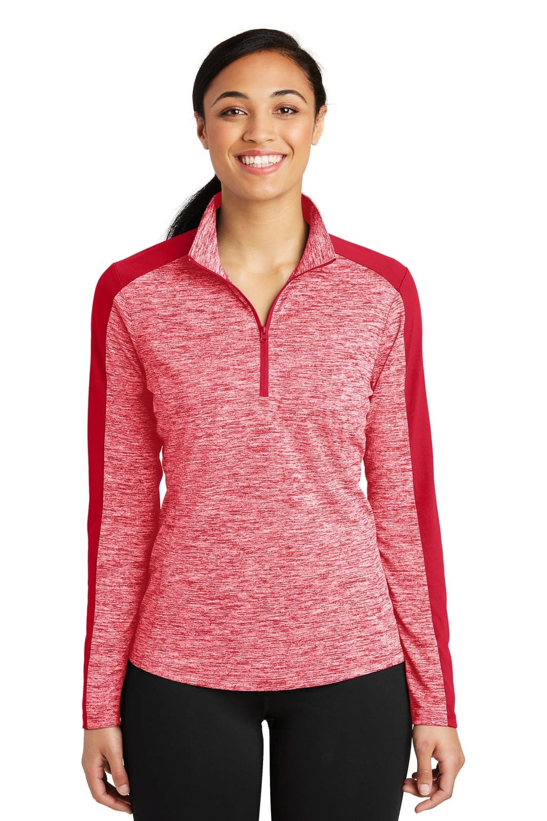 A red and heathered ladies 1/4-zip pullover with contrasting red sleeves and a logo on the chest.