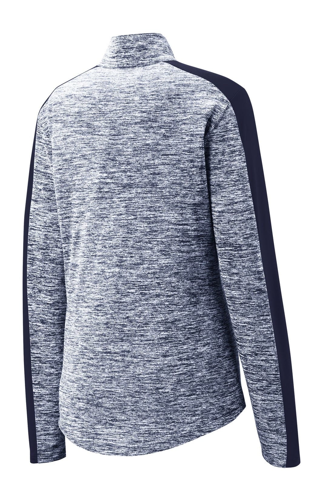 A grey and navy ladies' pullover featuring a 1/4-zip design and long sleeves, with a block colour pattern.