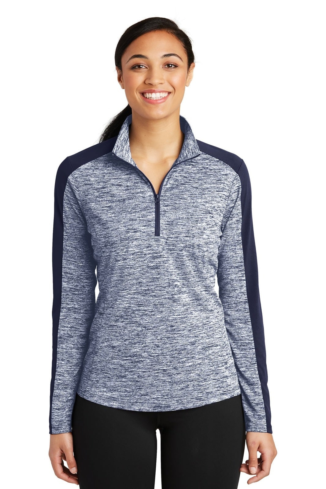 A navy and electric heather colourblock pullover with a quarter zip and long sleeves, featuring a logo.