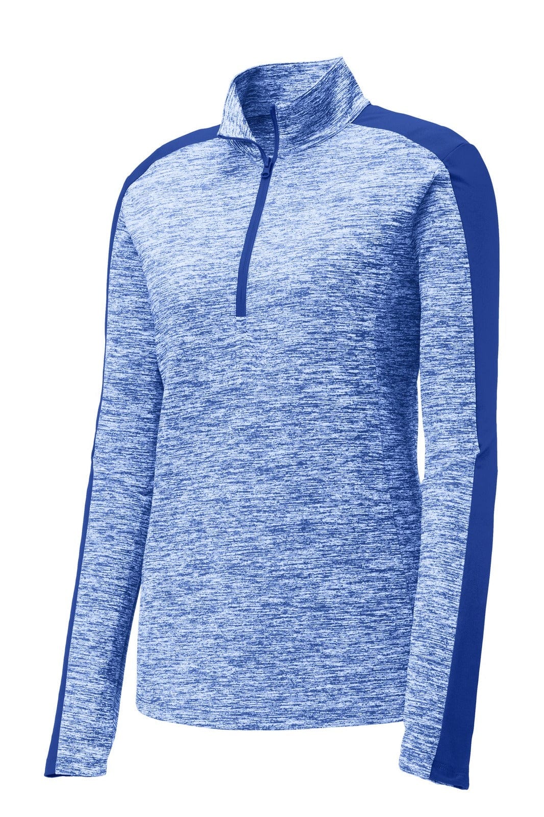 A blue heather 1/4-zip pullover featuring contrasting blue sleeves and a lightweight design. It includes a logo.