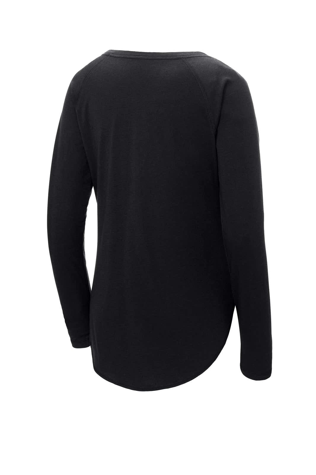 A black long sleeve tri-blend wicking scoop neck raglan tee with a curved hem and a logo on the back.