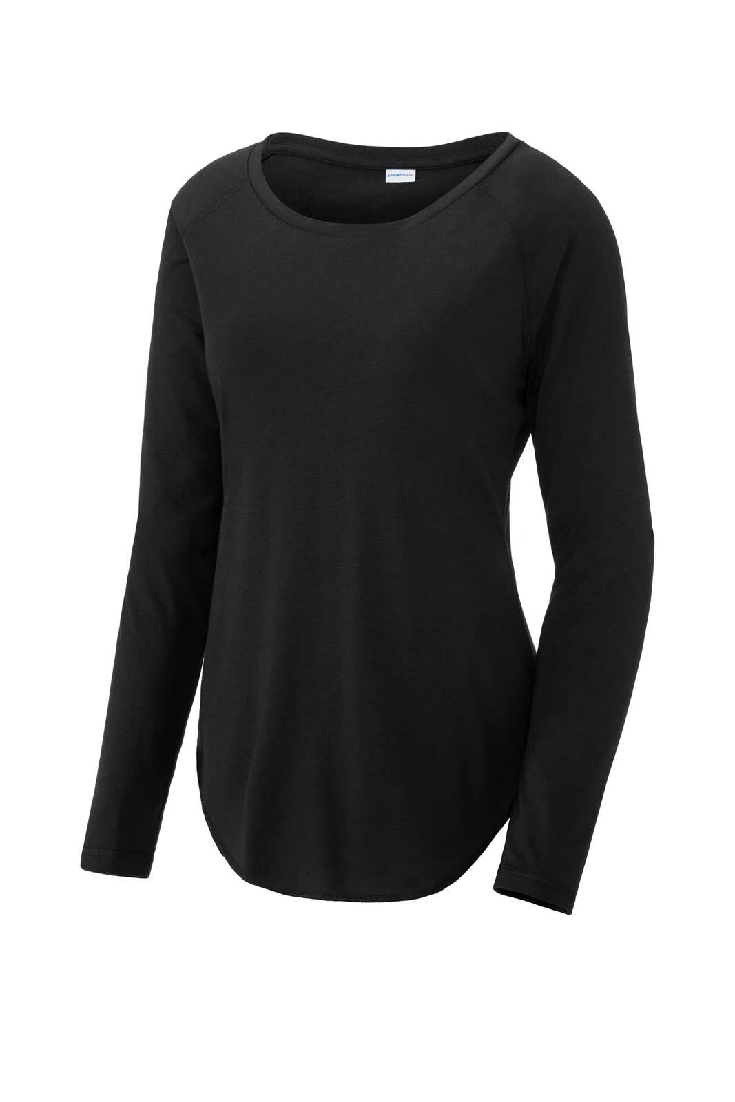 A black long sleeve scoop neck raglan tee made from a tri-blend wicking fabric, featuring a logo.