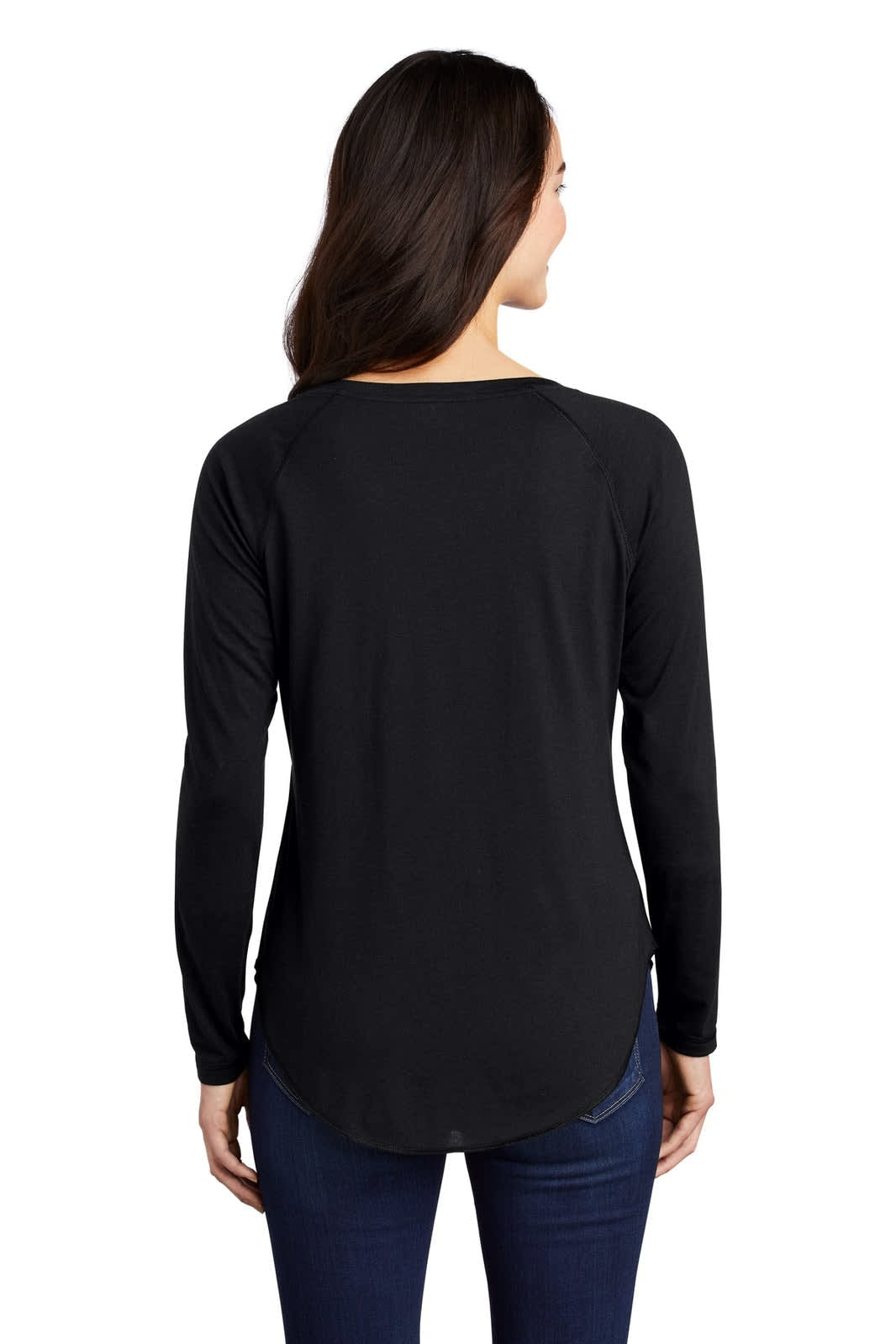 A black long sleeve tri-blend scoop neck raglan tee with a rounded hem, featuring a logo on the back.