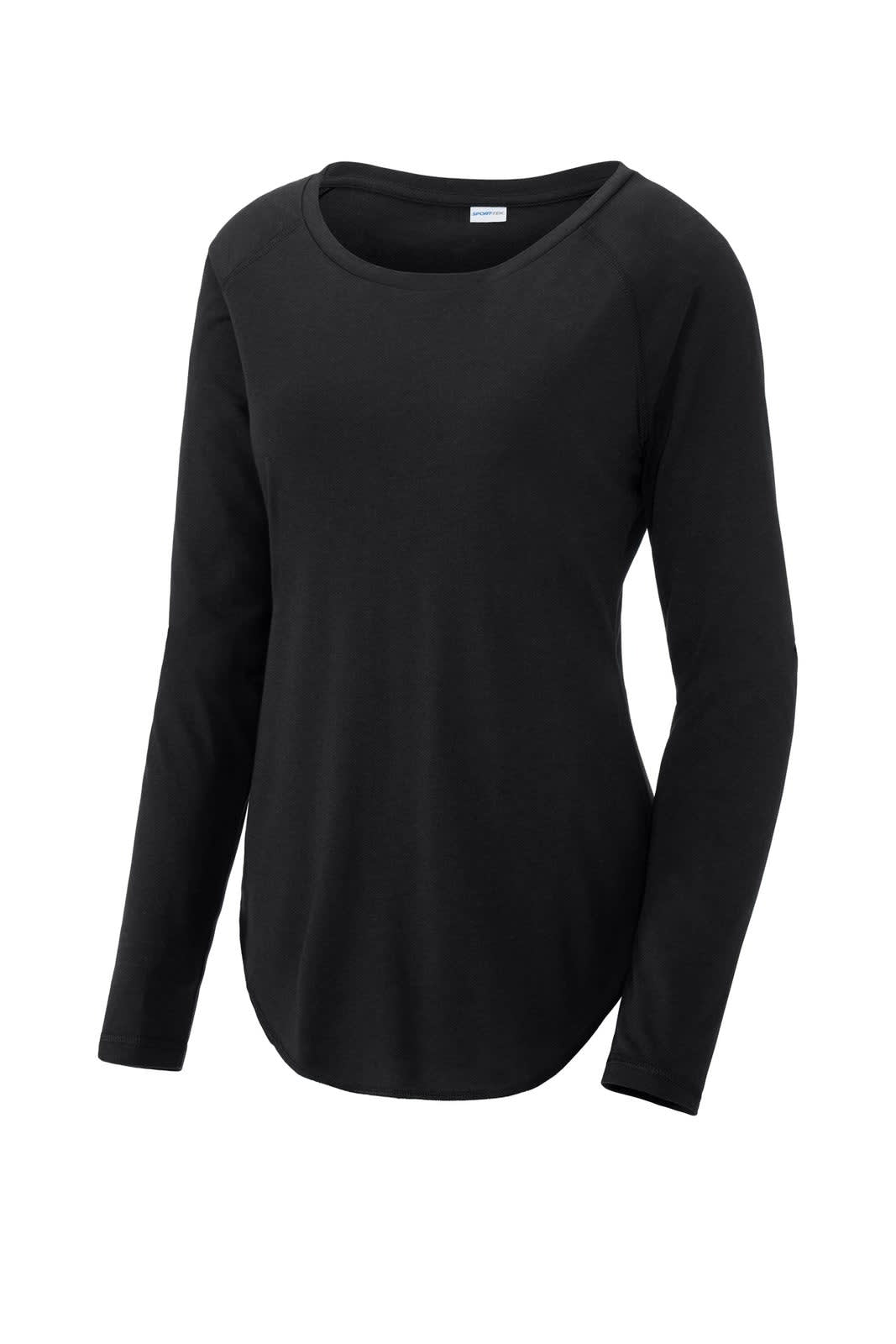 A black long sleeve scoop neck tee with a raglan design and a logo on it. Ideal for casual wear.