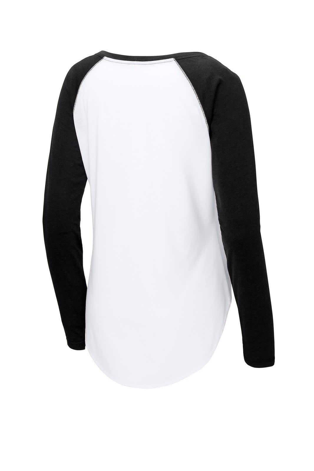 A long sleeve tri-blend raglan tee featuring black sleeves and a white body. Includes a logo on the back.