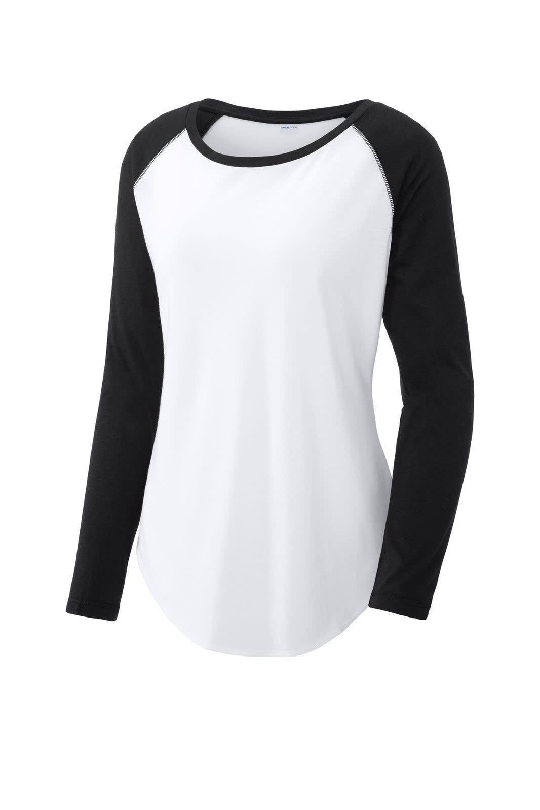 A women's long sleeve tri-blend tee in white with black raglan sleeves, featuring a logo.