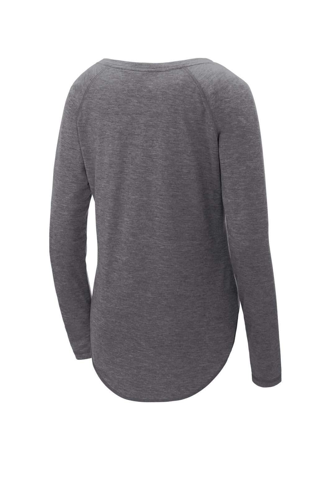 A grey long sleeve tri-blend wicking scoop neck raglan tee with a rounded hem and fitted style at the back.