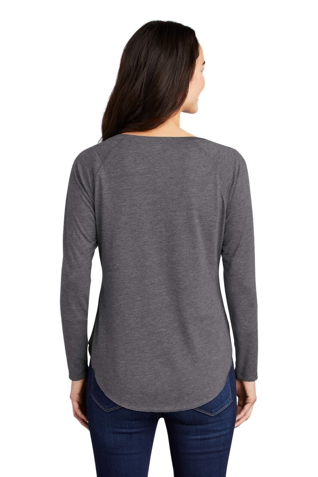 A grey long sleeve tri-blend tee with a scoop neck and raglan style, featuring a back view.
