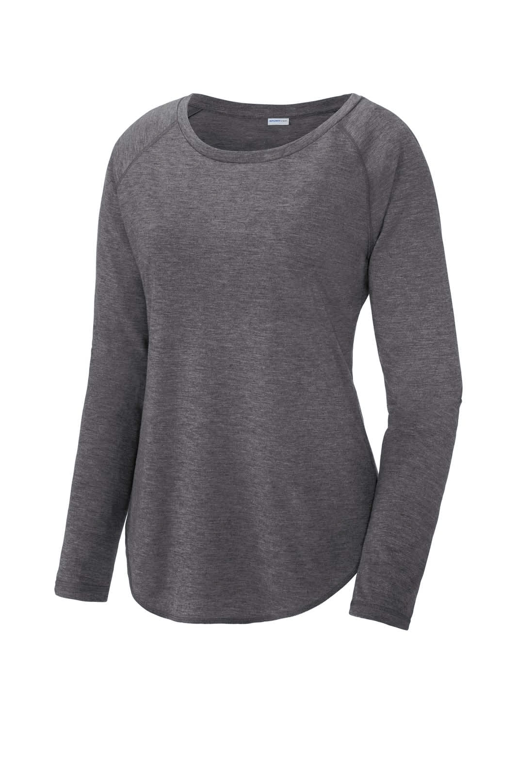 A grey long sleeve scoop neck raglan tee with a relaxed fit and a logo on the label.