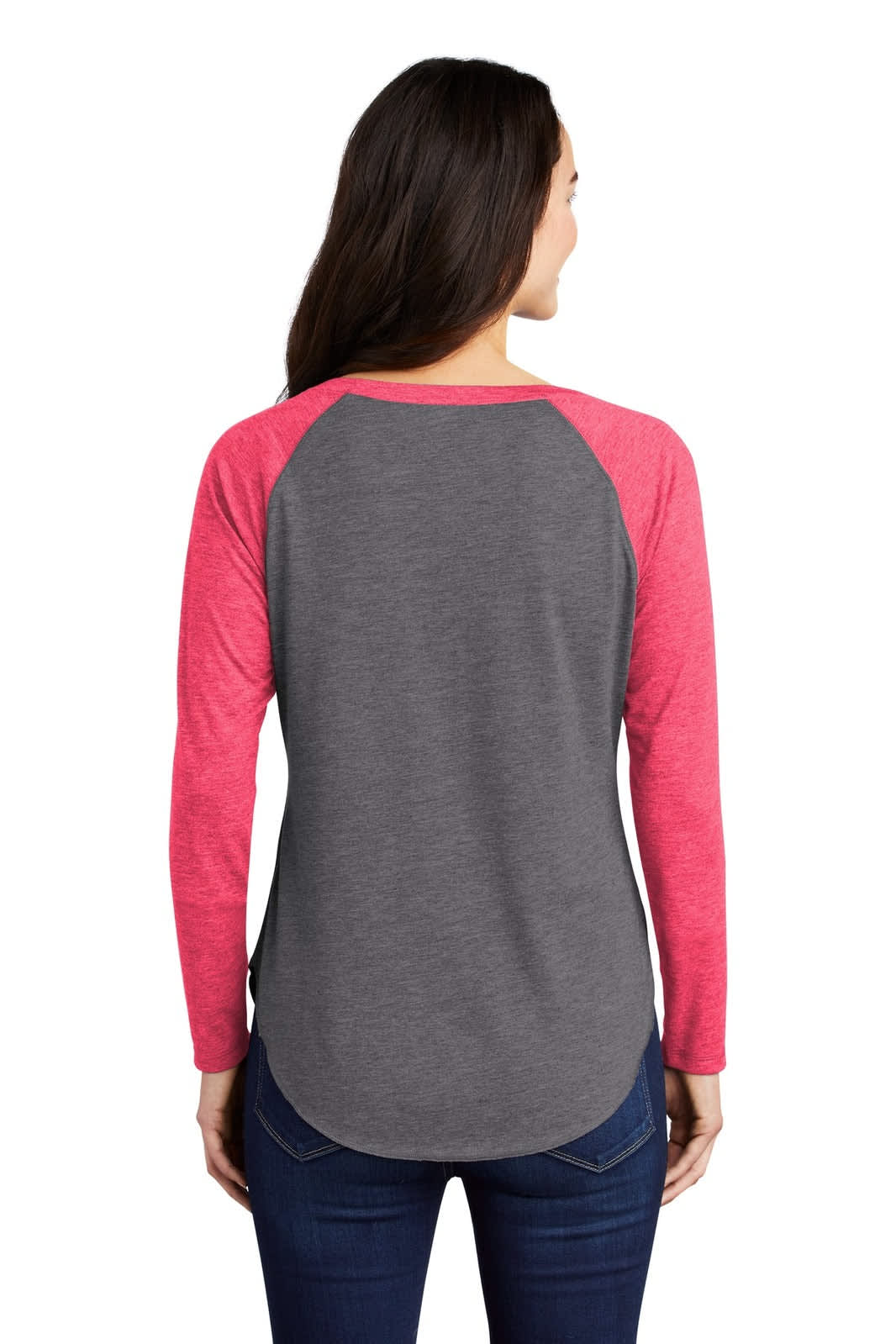 A long sleeve tri-blend tee featuring a grey body and pink raglan sleeves, with a rounded hem and a logo.