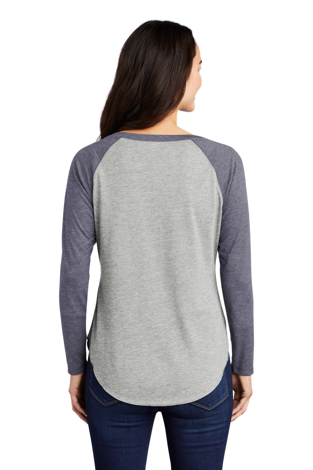 A long sleeve tri-blend wicking scoop neck raglan tee in grey with navy sleeves, featuring a logo.