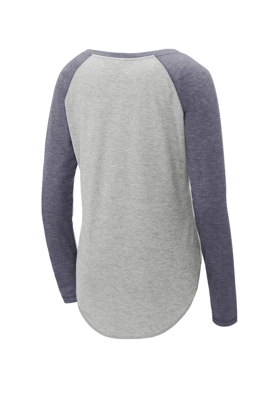 A grey and navy long sleeve tri-blend wicking scoop neck raglan tee with a curved hem and logo.