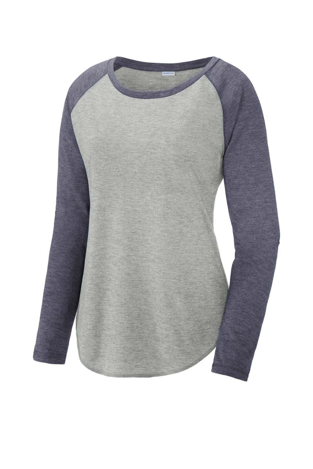 A grey and navy long sleeve tri-blend scoop neck tee with raglan sleeves and a branding logo.