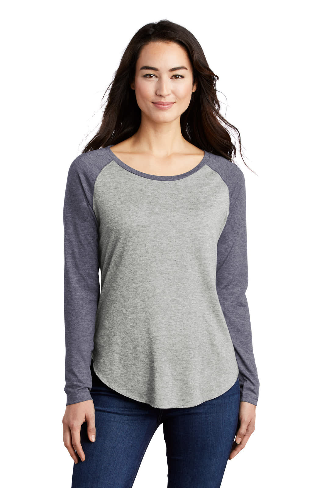 A long sleeve scoop neck raglan tee featuring grey fabric with navy sleeves. It has a logo on the front.