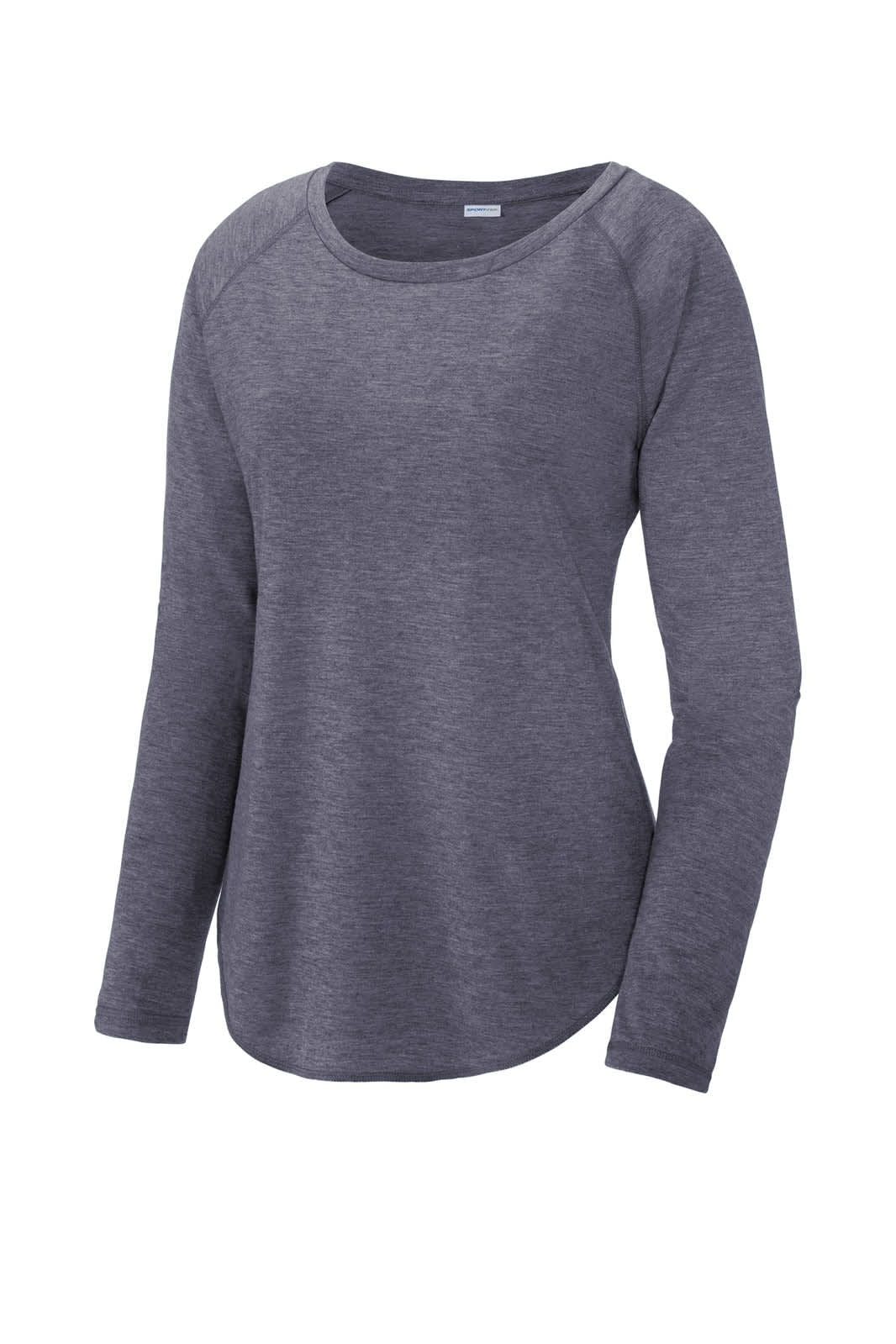 A long sleeve, scoop neck raglan tee in a heathered grey colour, featuring a logo. Ideal for active wear.
